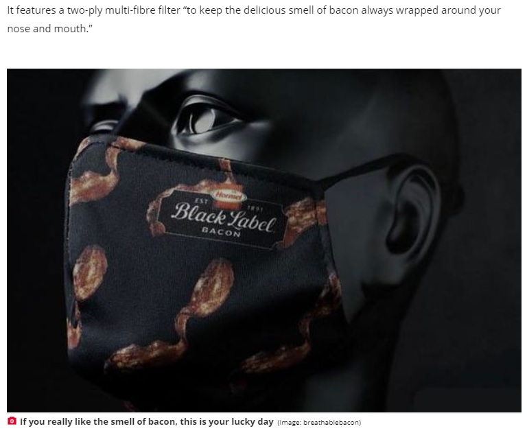 クリックして360度回転させることができる3Dイメージも（画像は『Daily Star　2020年10月15日付「Bacon-scented face masks launched for fry-up fans who want to smell it everywhere」（Image: breathablebacon）』のスクリーンショット）
