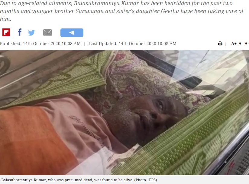 冷凍ケースの中で生きていたバラスブラマニアンさん（画像は『New Indian Express　2020年10月14日付「Family in Tamil Nadu’s Salem shocked to find ‘dead’ relative in freezer box still alive」（Photo| EPS）』のスクリーンショット）