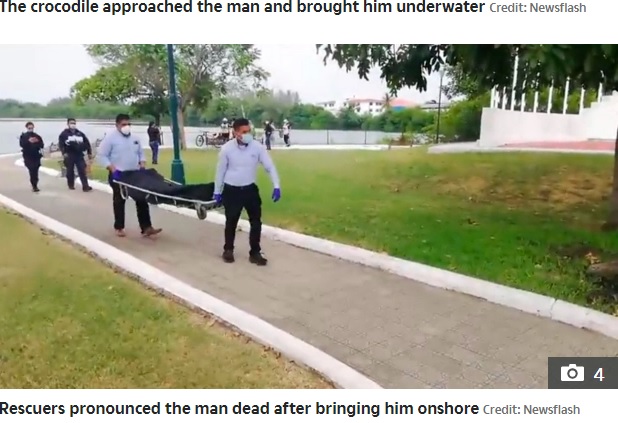 岸に引き上げられるも死亡が確認された男性（画像は『The Sun　2020年10月19日付「CROC HORROR Moment huge crocodile chases man swimming in Mexican lagoon and pulls him underwater after he ignored sign not to swim」（Credit: Newsflash）』のスクリーンショット）