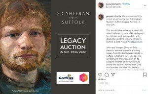 収益金はエドの出身地の子供や若者達の支援に使われる（画像は『Suffolk Charity　2020年10月22日付Instagram「We are so incredibly proud to announce our ‘Ed Sheeran: Made In Suffolk Legacy Auction’ is now live.⁠」』のスクリーンショット）