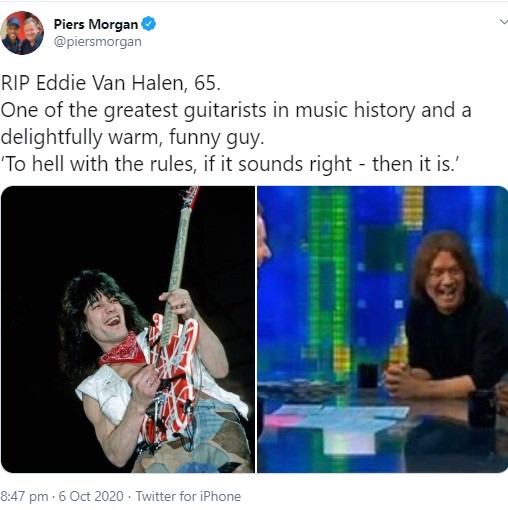 エディの名言で追悼の意を表したピアース・モーガン（画像は『Piers Morgan　2020年10月6日付Twitter「RIP Eddie Van Halen, 65.」』のスクリーンショット）