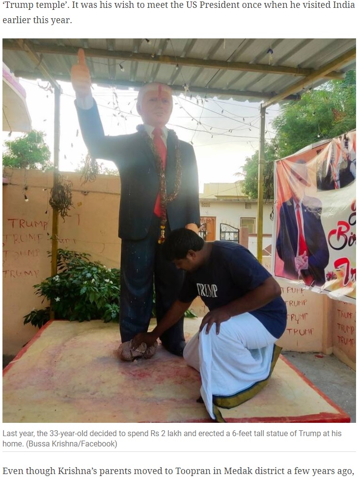 自宅にトランプ大統領の立像まで建てていた男性（画像は『The Indian Express　2020年10月12日付「Telangana: Upset over Trump contracting Covid, his ardent fan dies of cardiac arrest」（Bussa Krishna/Facebook）』のスクリーンショット）