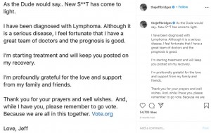 ジェフが投稿した病気に関する声明文（画像は『Jeff Bridges　2020年10月19日付Instagram「As the Dude would say.. New S＊＊T has come to light.」』のスクリーンショット）