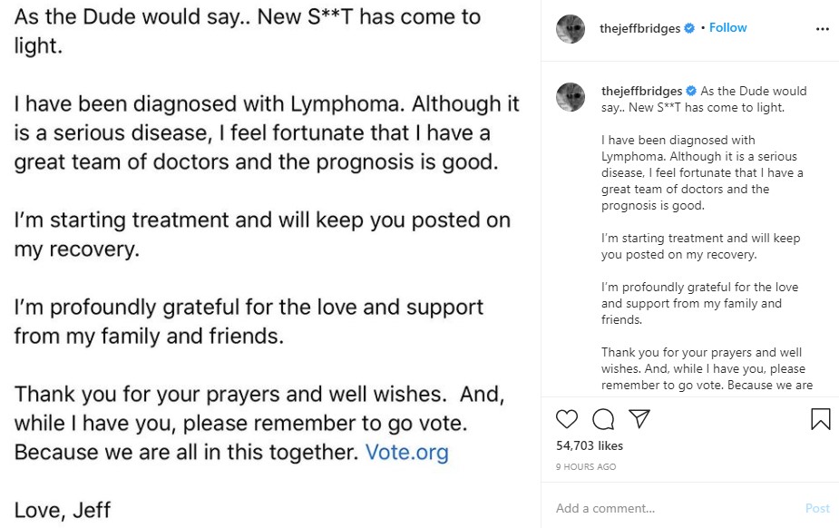 ジェフが投稿した病気に関する声明文（画像は『Jeff Bridges　2020年10月19日付Instagram「As the Dude would say.. New S＊＊T has come to light.」』のスクリーンショット）