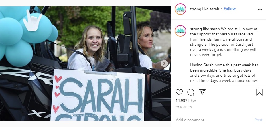 退院し自宅に向かう17歳のサラさん（画像は『Sarah Frei　2020年10月22日付Instagram「We are still in awe at the support that Sarah has received from friends, family, neighbors and strangers!」』のスクリーンショット）
