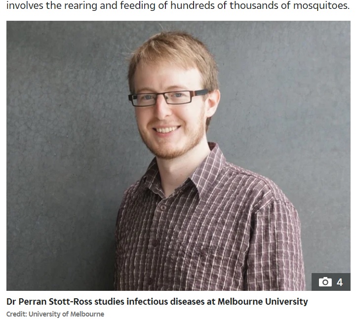 デング熱の流行終息のために日々研究する科学者（画像は『The US Sun　2020年9月28日付「TOTAL SUCKER? Bonkers scientist lets thousands of INFECTED mosquitoes ‘feed’ on him - to help stop killer disease」（Credit: University of Melbourne）』のスクリーンショット）