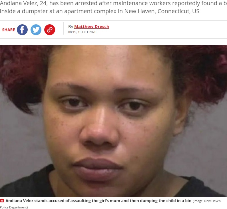 生後8か月の女児を大型ごみ箱に捨てたベビーシッター（画像は『Mirror　2020年10月15日付「Babysitter, 24, ‘dumped eight-month-old girl in bin’ after ‘attacking her mum’」（Image: New Haven Police Department）』のスクリーンショット）