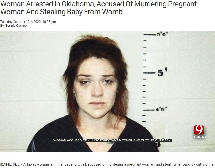 妊婦の腹を切り、赤ちゃんを取り出した女（画像は『News On 6  2020年10月13日付「Woman Arrested In Oklahoma, Accused Of Murdering Pregnant Woman And Stealing Baby From Womb」』のスクリーンショット）