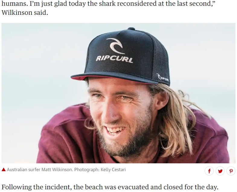 背後にサメがいたことを後になって気付いたマット・ウィルキンソンさん（画像は『The Guardian　2020年10月8日付「Australian pro surfer Matt Wilkinson’s narrow escape from shark caught on camera」（Photograph: Kelly Cestari）』のスクリーンショット）