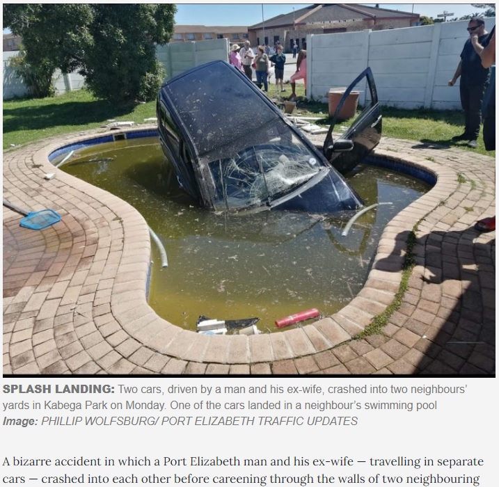 妻の車に衝突されてプールに転落した夫の車（画像は『TimesLIVE　2020年10月6日付「Two-car smash between PE man and ex-wife leaves trail of destruction」（Image: PHILLIP WOLFSBURG/ PORT ELIZABETH TRAFFIC UPDATES）』のスクリーンショット）