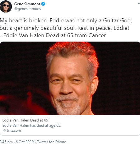 エディを発掘したジーン・シモンズもツイッターで追悼（画像は『Gene Simmons　2020年10月6日付Twitter「My heart is broken.」』のスクリーンショット）