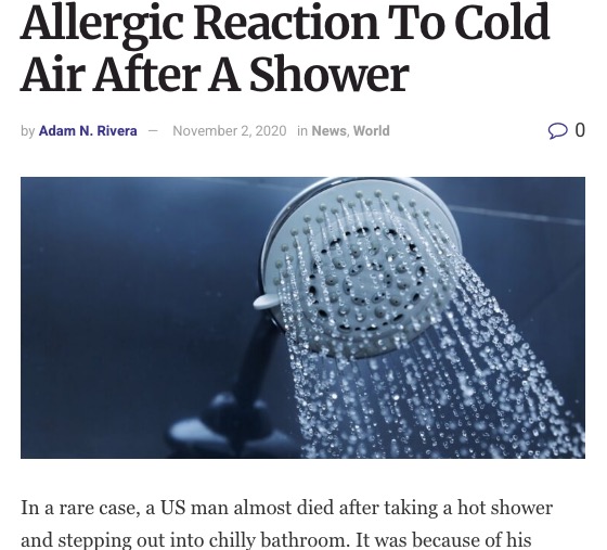 シャワー後、外気にさらされたことでアナフィラキシーショックに（ 画像は『The UBJ　2020年11月2日付「Man Almost Dies From An Allergic Reaction To Cold Air After A Shower」』のスクリーンショット）