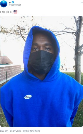 人生初の投票で、自分に一票入れたカニエ（画像は『ye　2020年11月3日付Twitter「I VOTED」』のスクリーンショット）