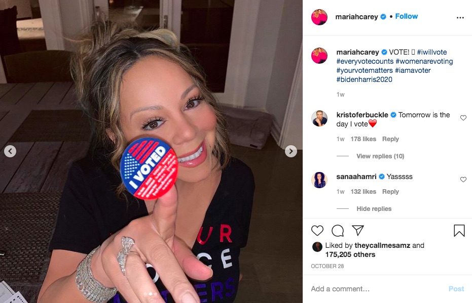 バイデン氏支持を表明していたマライア・キャリー（画像は『Mariah Carey　2020年10月28日付Instagram「VOTE!」』のスクリーンショット）