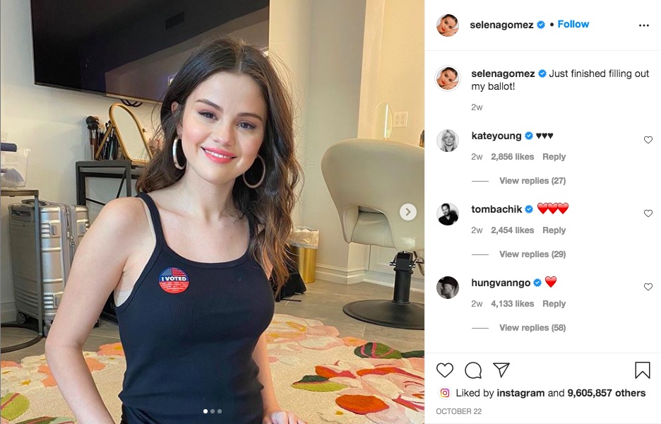 投票を終えたことを報告していたセレーナ・ゴメス（画像は『Selena Gomez　2020年10月22日付Instagram「Just finished filling out my ballot!」』のスクリーンショット）