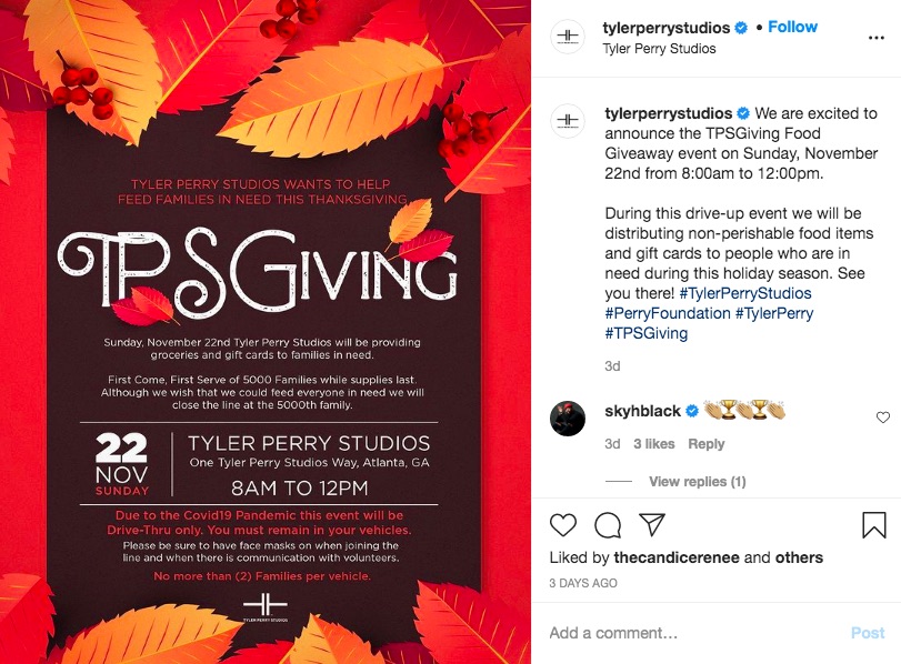 20日にInstagramで公開した食料無料配布の告知（画像は『Tyler Perry Studios　2020年11月20日付Instagram「We are excited to announce the TPSGiving Food Giveaway event on Sunday, November 22nd from 8:00am to 12:00pm.」』のスクリーンショット）