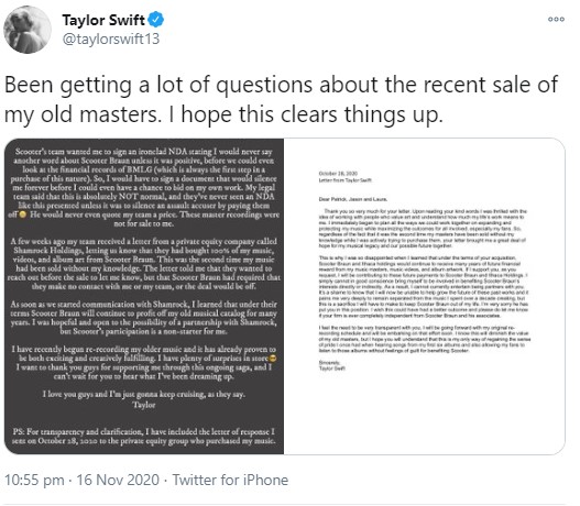 テイラーがツイッターで公開した声明文（画像は『Taylor Swift　2020年11月16日付Twitter「Been getting a lot of questions about the recent sale of my old masters.」』のスクリーンショット）