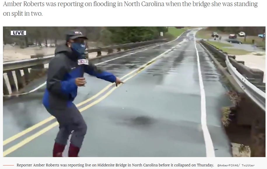 崩落寸前の橋で中継を行っていた女性リポーター（画像は『TODAY　2020年11月14日付「Bridge splits apart during live flood report in ‘heart stopping video’」（＠AmberFOX46/ Twitter）』のスクリーンショット）