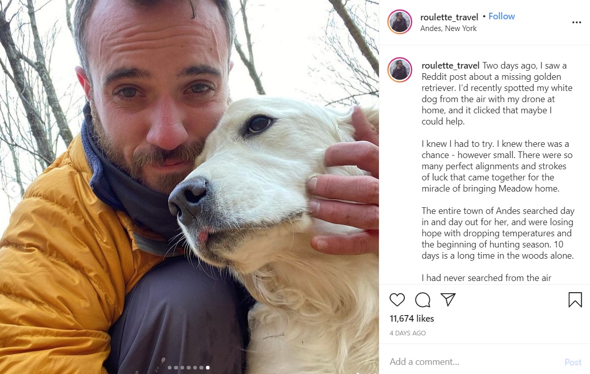 森で迷子になった犬と、ドローンで捜し出した男性（画像は『Brian James　2020年11月23日付Instagram「Two days ago, I saw a Reddit post about a missing golden retriever.」』のスクリーンショット）