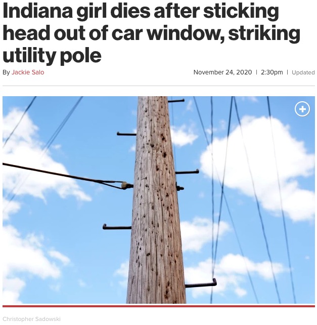 13歳の少女、車の窓から身を乗り出したせいで電柱に激突（画像は『New York Post　2020年11月24日付「Indiana girl dies after sticking head out of car window, striking utility pole」（Christopher Sadowski）』のスクリーンショット）