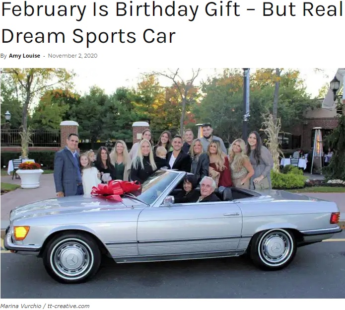 家族からのプレゼントの車に乗るポールさん（画像は『Happilynews.com　2020年11月2日付「February Is Birthday Gift – But Real Surprise Is His Dream Sports Car」（Marina Vurchio / tt-creative.com）』のスクリーンショット）