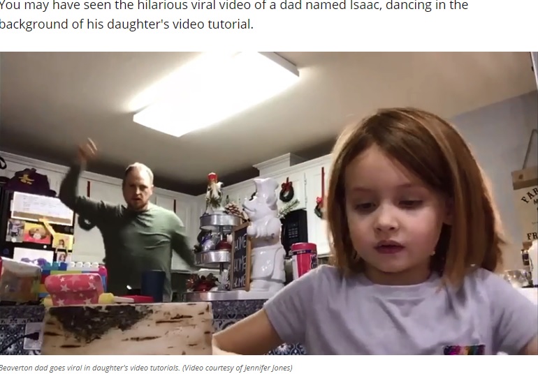 「絶対に笑ってはいけない」ハズ？の動画を撮る娘の後ろで踊りだす父（画像は『KATU ABC 2　2020年11月26日付「Beaverton dad goes viral after dancing in background of daughter’s video」（Video courtesy of Jennifer Jones）』のスクリーンショット）