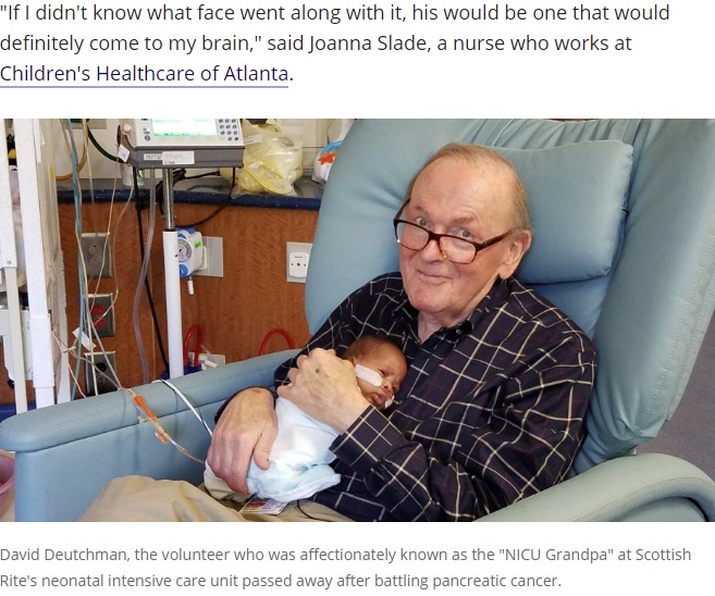 「ボランティアの仕事で恩恵を受けているのは自分」と語っていたデイヴィッドさん（画像は『FOX 5 Atlanta　2017年11月19日付「‘NICU Grandpa’ David Deutchman, who cuddled newborns, dies after battle with cancer」』のスクリーンショット）