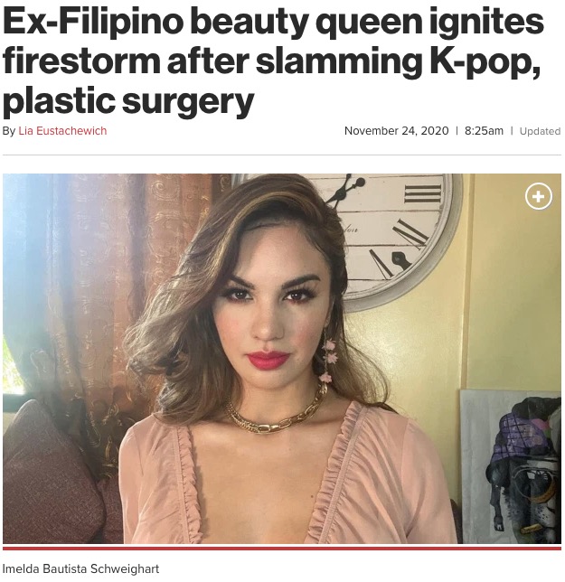SNSに「K-POPが大嫌い」と投稿した元ミス・フィリピン（画像は『New York Post　2020年11月24日付「Ex-Filipino beauty queen ignites firestorm after slamming K-pop, plastic surgery」（Instagram）』のスクリーンショット）