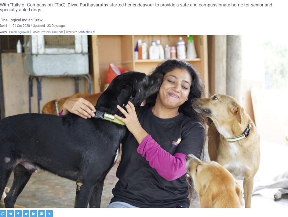 特別なケアが必要な動物を保護する女性（画像は『The Logical Indian　2020年10月24日付「MyStory: ‘Tails Of Compassion’ Is About Giving Hope, Unconditional Love To Specially-Abled Animals’」』のスクリーンショット）