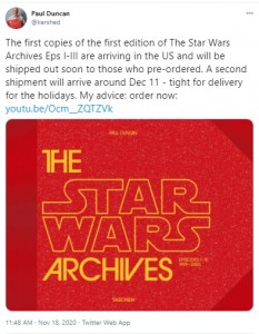 12月に米国で発売されるポール・ダンカン著の『The Star Wars Archives. 1999–2005』（画像は『Paul Duncan　2020年11月18日付Twitter「The first copies of the first edition of The Star Wars Archives Eps I-III are arriving in the US and will be shipped out soon to those who pre-ordered.」』のスクリーンショット）