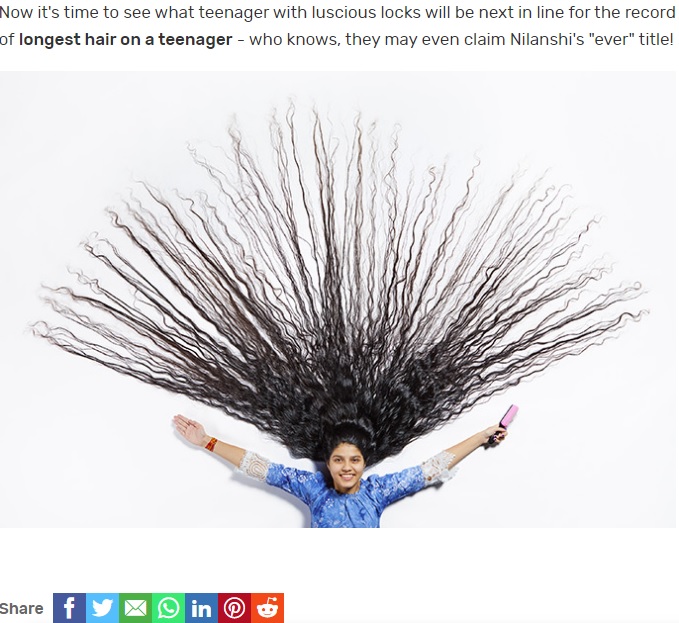 200センチの髪で「世界一髪の長い10代」の記録を更新した少女（画像は『Guinness World Records　2020年11月4日付「Teen’s hair reaches two metres making it the longest ever」』のスクリーンショット）
