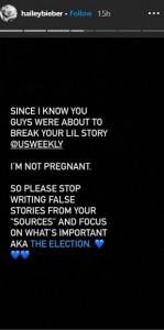 「嘘の話を書くのは止めて」と伝えたヘイリー（画像は『Hailey Baldwin Bieber　2020年11月5日付Instagram』のスクリーンショット）