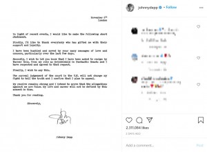 ジョニー・デップが公開した声明（画像は『Johnny Depp　2020年11月6日付Instagram」』のスクリーンショット）