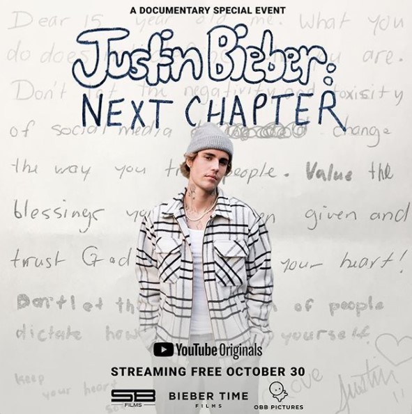 およそ30分のドキュメンタリー動画を公開したジャスティン（画像は『Justin Bieber　2020年10月29日付Instagram「Tomorrow ＃JBNextChapter ＠youtube」』のスクリーンショット）