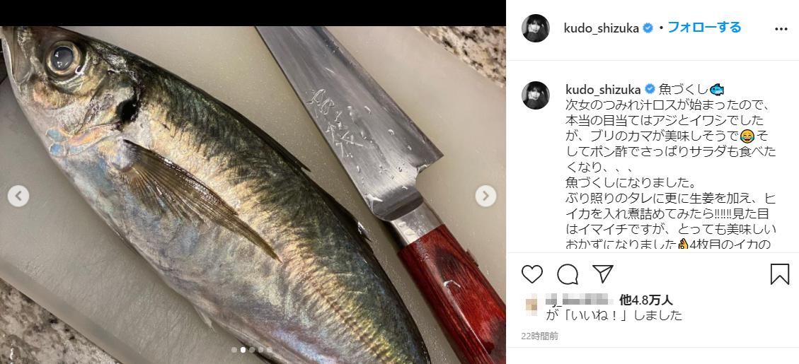 工藤静香が投稿したアジと包丁（画像は『Kudo_shizuka　2020年11月28日付Instagram「魚づくし」』のスクリーンショット）