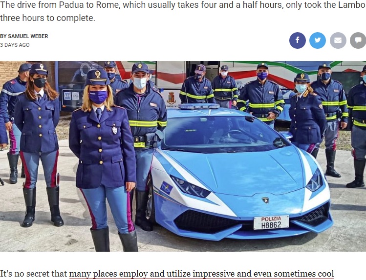 イタリア国家警察のランボルギーニ・ウラカン LP610-4 ポリツィア（画像は『HotCars　2020年11月6日付「Watch This Lamborghini Huracan Police Car Deliver A Kidney For Emergency Transplant」』のスクリーンショット）