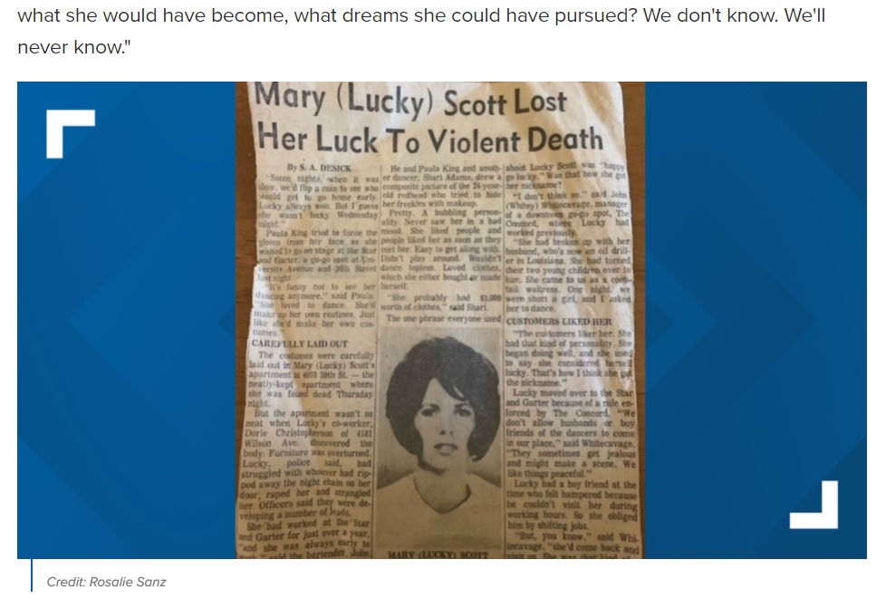 メアリーさんの殺害事件は当時の新聞でも大々的に報じられた（画像は『CBS News 8　2020年10月27日付「Arrest made in 1969 killing of City Heights woman, suspect identified using forensic genealogy」（Credit: Rosalie Sanz）』のスクリーンショット）