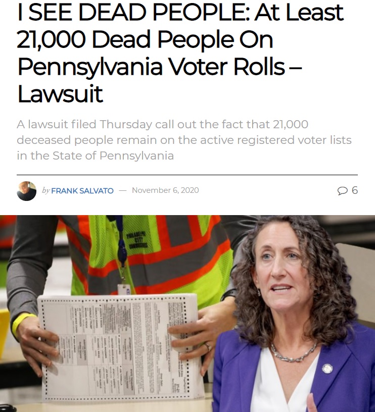 死亡者2万1000人以上が有権者名簿に残されていた？（画像は『National File　2020年11月6日付「I SEE DEAD PEOPLE: At Least 21,000 Dead People On Pennsylvania Voter Rolls – Lawsuit」』のスクリーンショット）