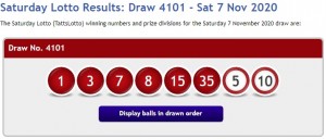 11月7日の当選番号（画像は『Australian National Lottery　2020年11月7日付「Saturday Lotto Results: Draw 4101 - Sat 7 Nov 2020」』のスクリーンショット）