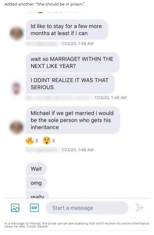 友人とのメッセージで、遺産目当てだったことが明らかに（画像は『7NEWS.com.au　2020年11月4日付「Teen bride marries man, 89, with dementia - and posts THIS on social media」（Credit: Reddit）』のスクリーンショット）