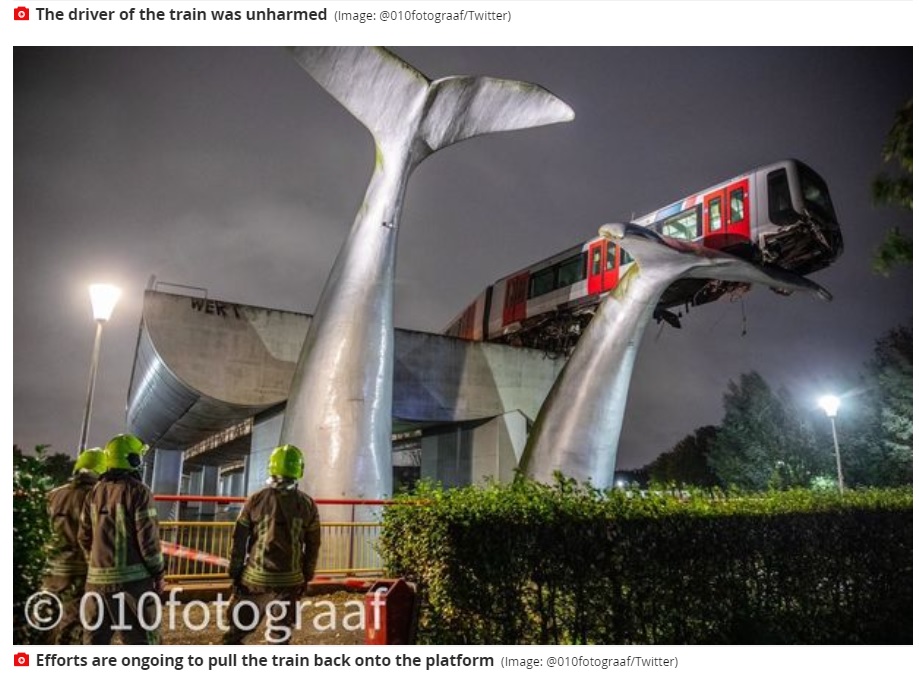 クジラの尻尾の像は2つあり、そのうちの1つに乗り上げた車両（画像は『Mirror　2020年11月2日付「Metro train left hanging over 30ft drop after crashing off tracks - and landing on art」（Image: ＠010fotograaf/Twitter）』のスクリーンショット）
