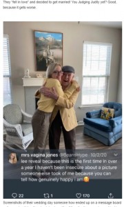 自宅でリーさんと抱き合うオリヴァさん「本当に幸せ」とコメント（画像は『theCHIVE　2020年10月20日付「Vile Teenage Gold-Digger marries 89-year-old, gets caught by Twitter」』のスクリーンショット）