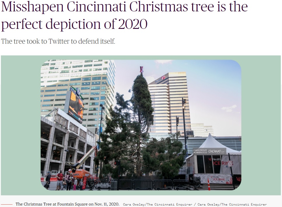 枯れかけているように見えるツリーが逆に注目を集めることに（画像は『TODAY　2020年11月12日付「Misshapen Cincinnati Christmas tree is the perfect depiction of 2020」（Cara Owsley/The Cincinnati Enquirer）』のスクリーンショット）