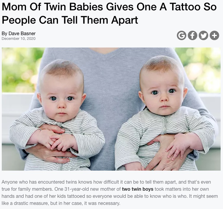医師の勧めで双子の1人にタトゥーを入れる（画像は『iHeartRadio　2020年12月10日付「Mom Of Twin Babies Gives One A Tattoo So People Can Tell Them Apart」』のスクリーンショット）