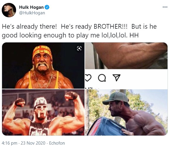 ハルク・ホーガンもクリスの演技に期待（画像は『Hulk Hogan　2020年11月23日付Twitter「He’s already there!」』のスクリーンショット）
