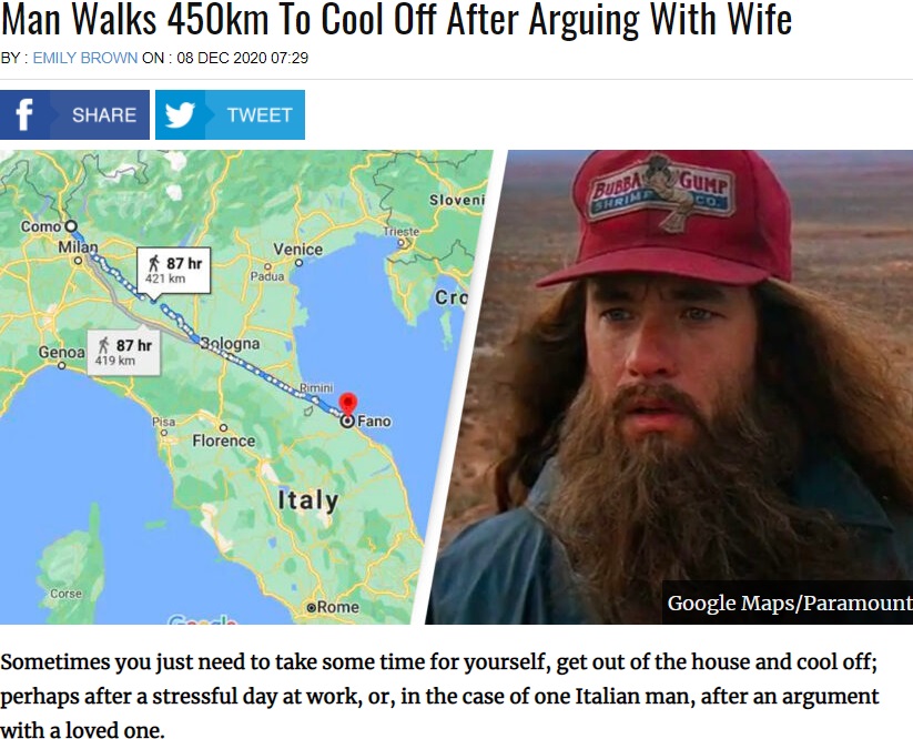 男性が歩いた道のりと映画『フォレスト・ガンプ/一期一会』で主人公を演じたトム・ハンクス（画像は『UNILAD　2020年12月8日付「Man Walks 450km To Cool Off After Arguing With Wife」（Google Maps/Paramount）』のスクリーンショット）