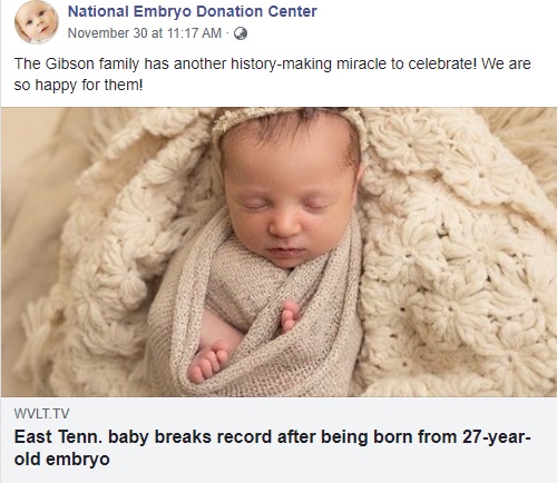 27年前に凍結した胚から誕生し、記録を更新したモーリーちゃん（画像は『National Embryo Donation Center　2020年11月30日付Facebook「The Gibson family has another history-making miracle to celebrate!」』のスクリーンショット）
