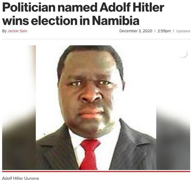 選挙で勝利を収めたアドルフ・ヒトラー・ウーノナさん（画像は『New York Post　2020年12月3日付「Politician named Adolf Hitler wins election in Namibia」』のスクリーンショット）