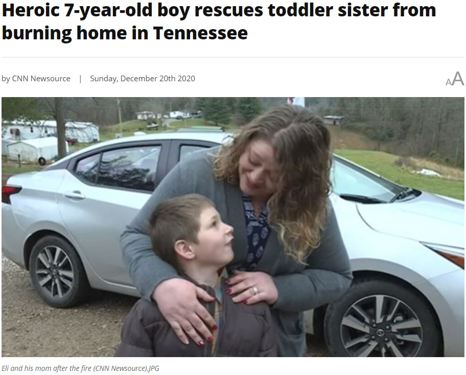 恐怖を抱きつつも妹を救った7歳男児（画像は『WCIV　2020年12月20日付「Heroic 7-year-old boy rescues toddler sister from burning home in Tennessee」（CNN Newsource）』のスクリーンショット）