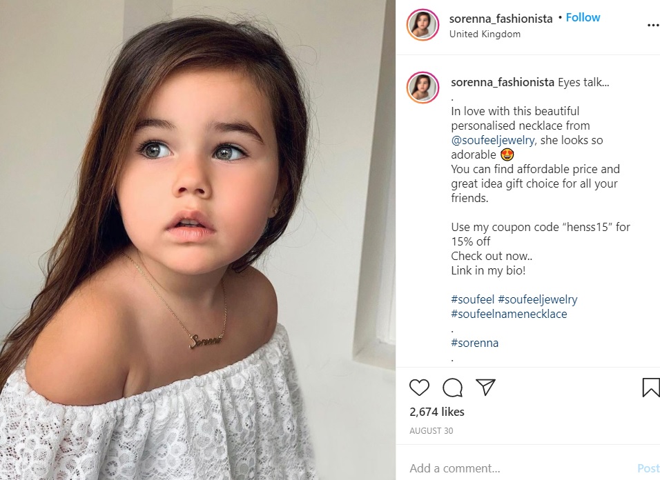 母親が「女優にしたい」という3歳女児（画像は『Sorenna Dreni　2020年8月30日付Instagram「Eyes talk...」』のスクリーンショット）